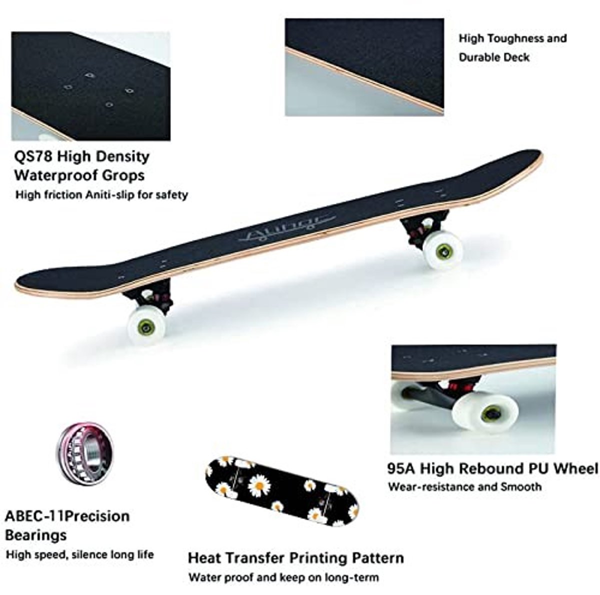 Skateboard - 7-laags maple board, geschikt voor alle leeftijden