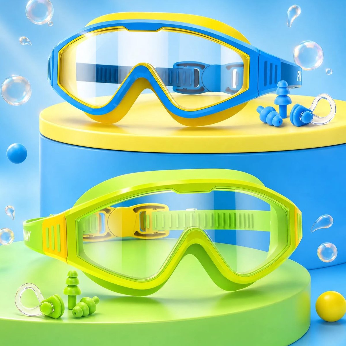Zwembril voor kinderen - 180° HD visie en UV-bescherming - Geel/Groen en Blauw