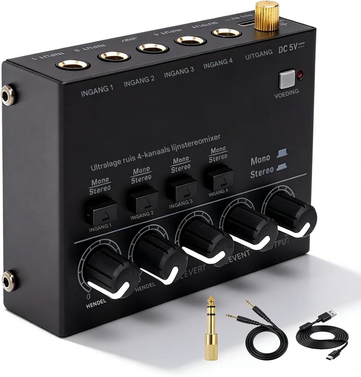 longziming - 4-Kanaals Audiomixer - Stereo Audiomixer met 6,35 mm Audiokabel en 3,5 naar 6,35 mm Adapter - 4 Ingangen en 1 Uitgang - Voor Microfoons, Gitaar en Basgitaar