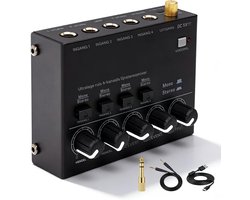 longziming - 4-Kanaals Audiomixer - Stereo Audiomixer met 6,35 mm Audiokabel en 3,5 naar 6,35 mm Adapter - 4 Ingangen en 1 Uitgang - Voor Microfoons, Gitaar en Basgitaar