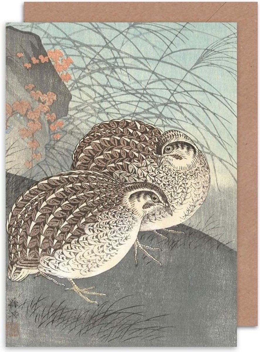 Wenskaart met Japanse Schilderij - Kaart met Kwartels Maankaart - Persoonlijke Boodschap - Gedrukt op 280 g/m? Karton