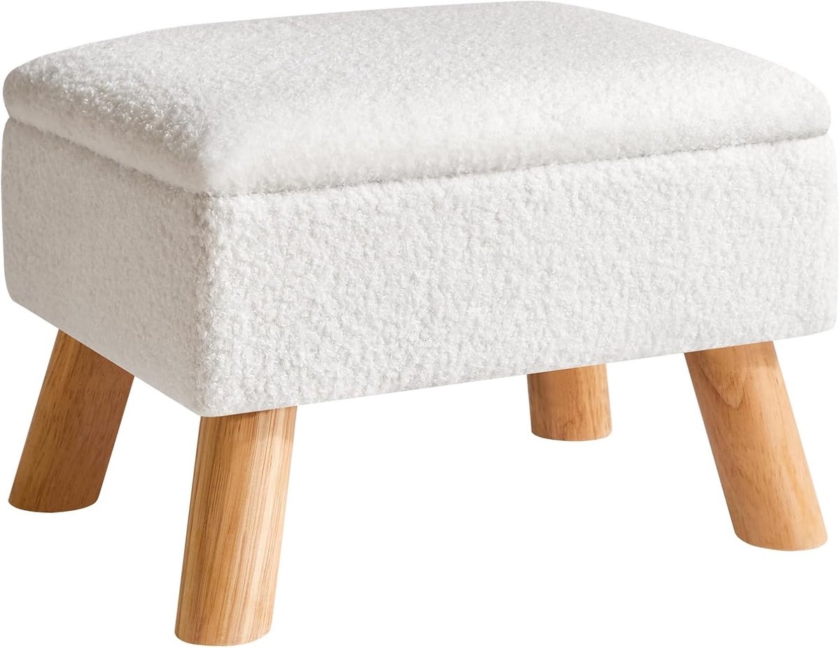 Opbergpoef met Stabiele Houten Poten en Verhoogd Zithoogte voor Woonkamer, Slaapkamer en Hal - 40 × 30 × 11 cm - Wit