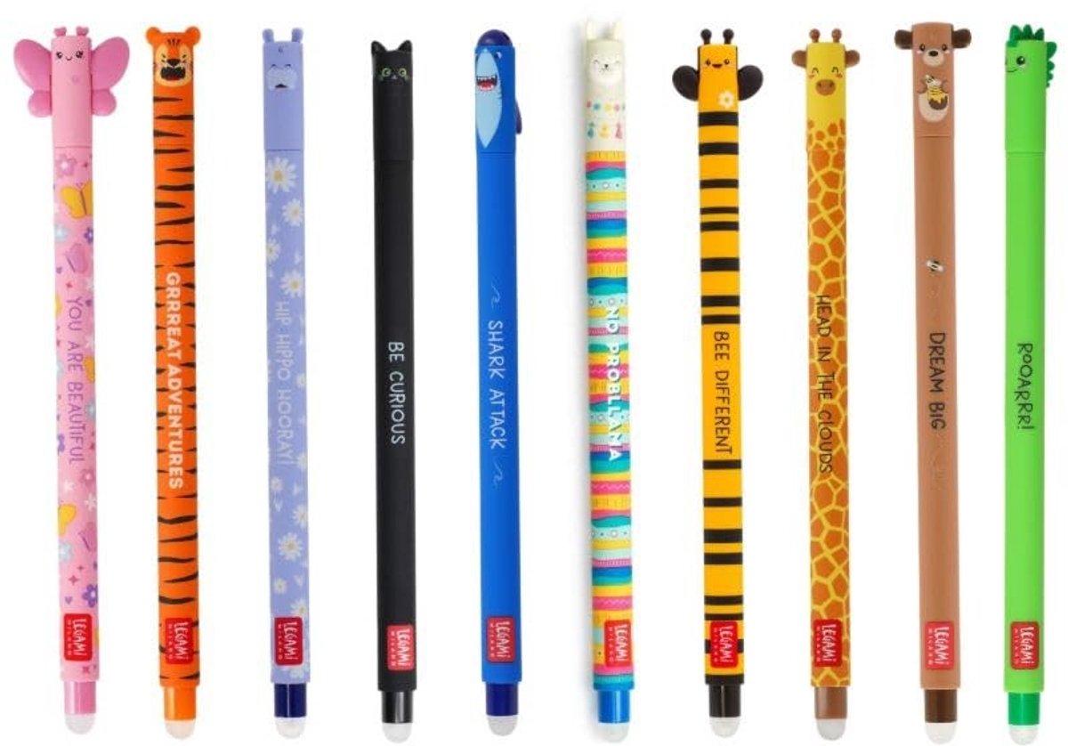 Set van 10 Gelpennen met Gum - Diverse Kleuren en Dierenontwerpen
