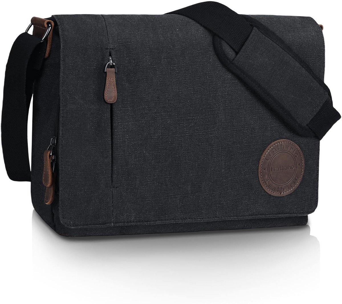 Schoudertas voor mannen - Canvas messenger - Zwart - Voor 14 inch laptop