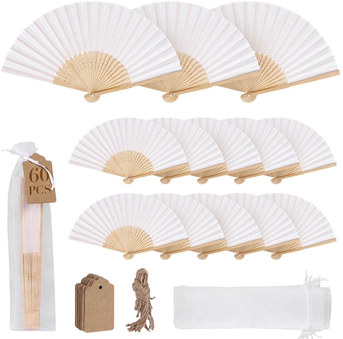 Opvouwbare Handwaaiers - 60 Stuks, Wit, Papieren met Bamboe Handvat
