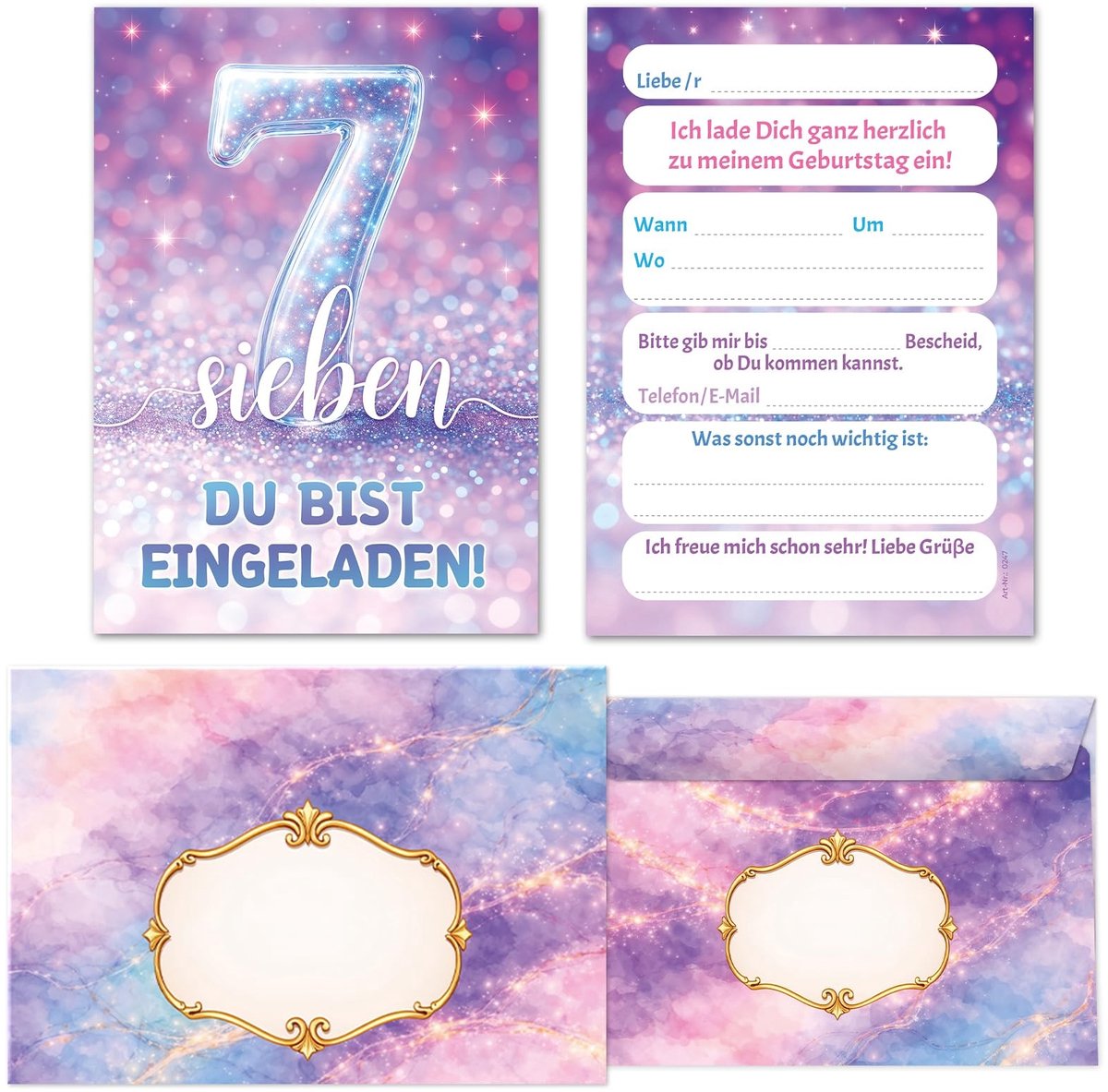 Uitnodigingskaarten voor 7e Verjaardag - Set van 8 inclusief Enveloppen