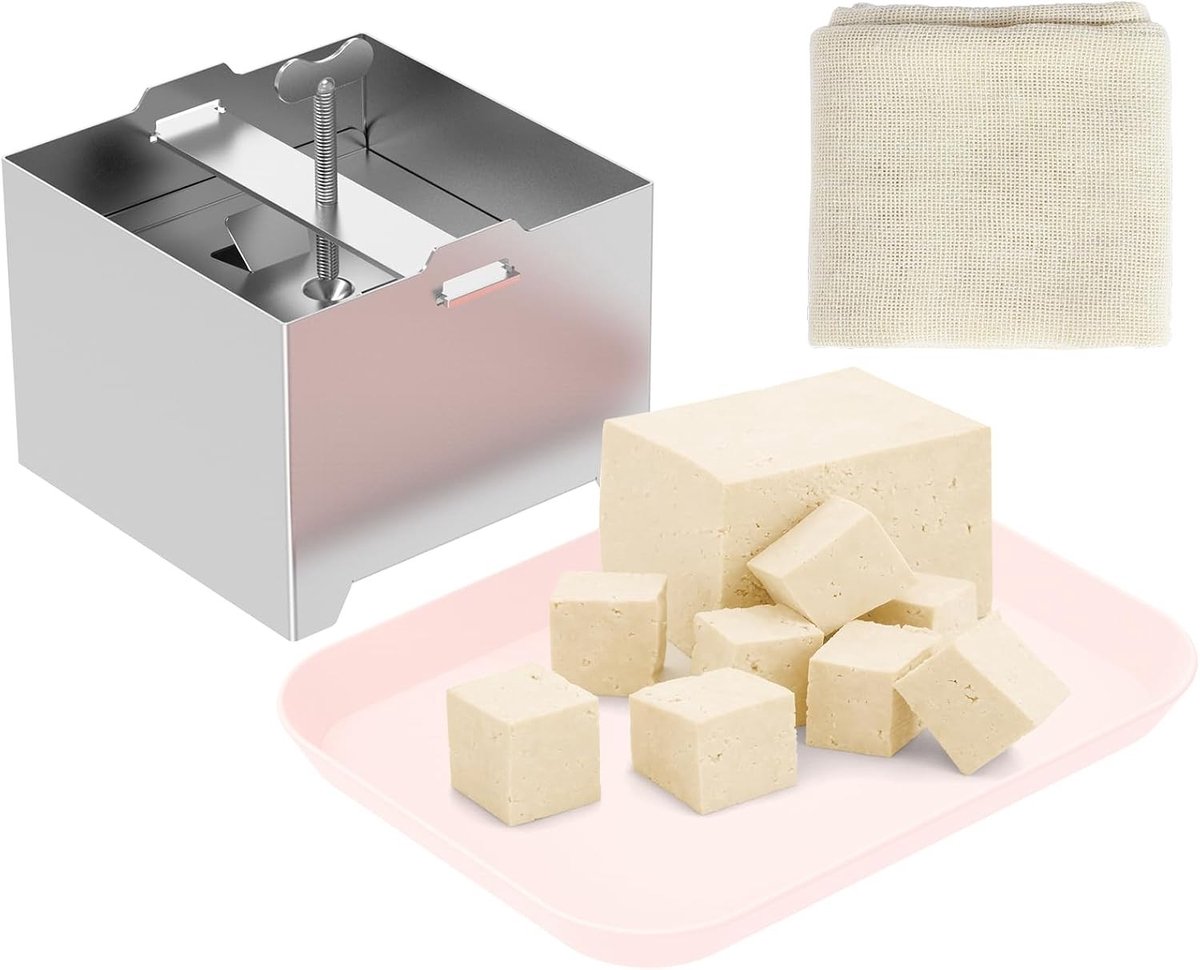 RVS Tofu Pers met Vangbak, Verstelbare Drukschroef, Inclusief Zeefdoek en Geschikt voor Afwasmachine, Multifunctionele Pers voor Tofu, Kaas en Vlees (500g)