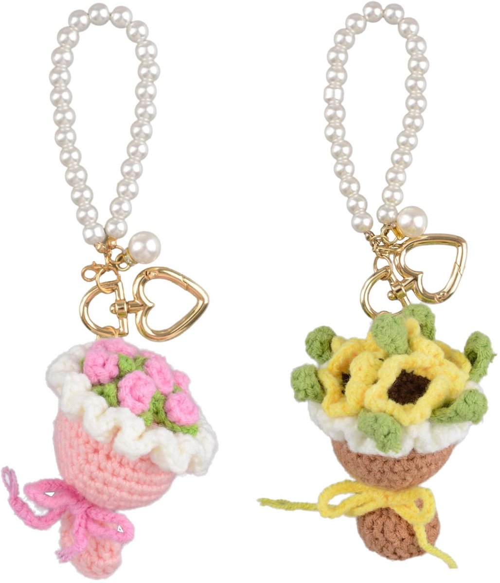 Set van 2 Mini Gehaakte Bloemen Sleutelhangers - Handgemaakt in Mix van Kleuren
