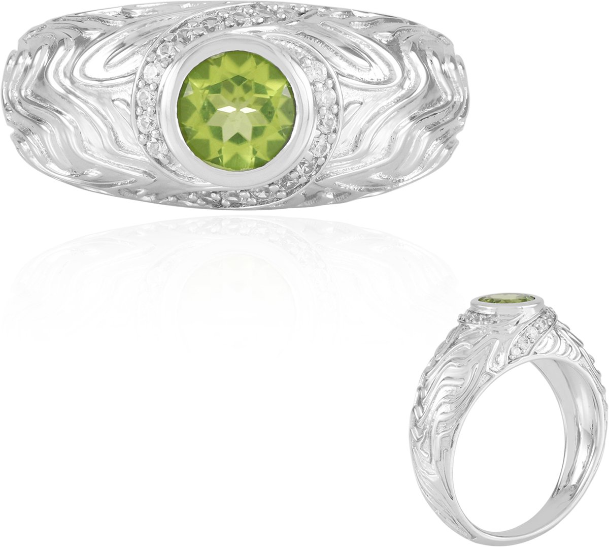 Cavill - Zilveren Damesring met Peridoot 0,78 ct & Zirkonia Pavé 0,18 ct - 925 Sterling Zilver, Ronde Edelsteen, Elegante Bezel Zetting