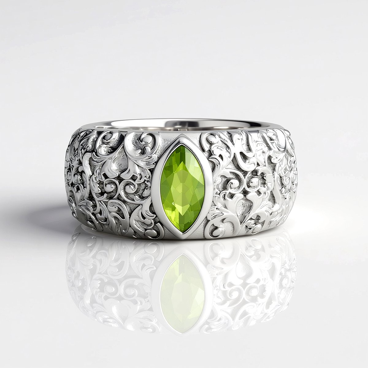 Cavill - Zilveren ring met platina laag - marquise peridoot 0,94 ct - 925 sterlingzilver - elegante damesring met groene edelsteen