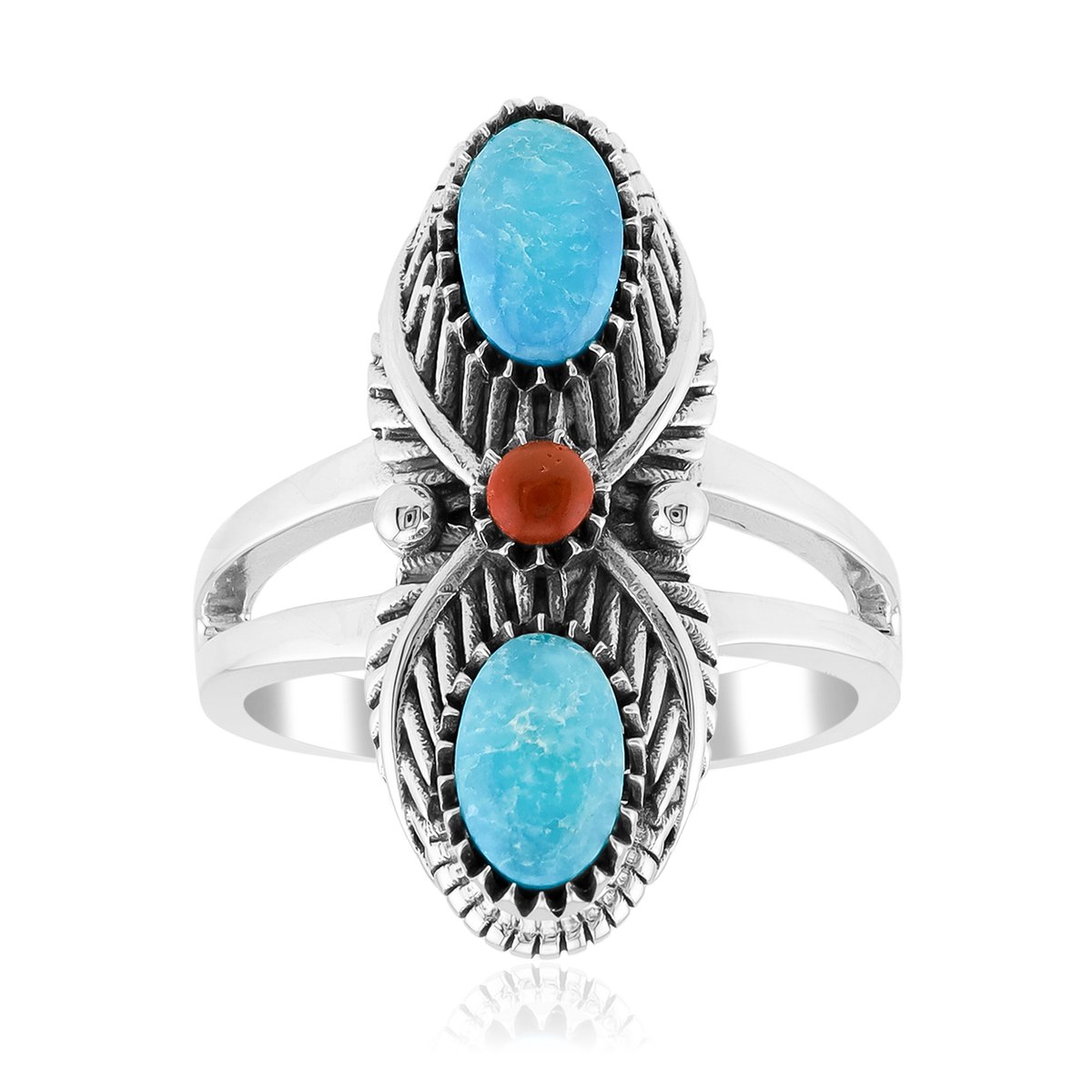Cavill - Zilveren ring - 925 Sterling Zilver Geoxideerd - Blauwe Kingman Mohave Turkoois 1,6 Ct & Rode Jaspis - Unieke Vintage Sieraden Ring