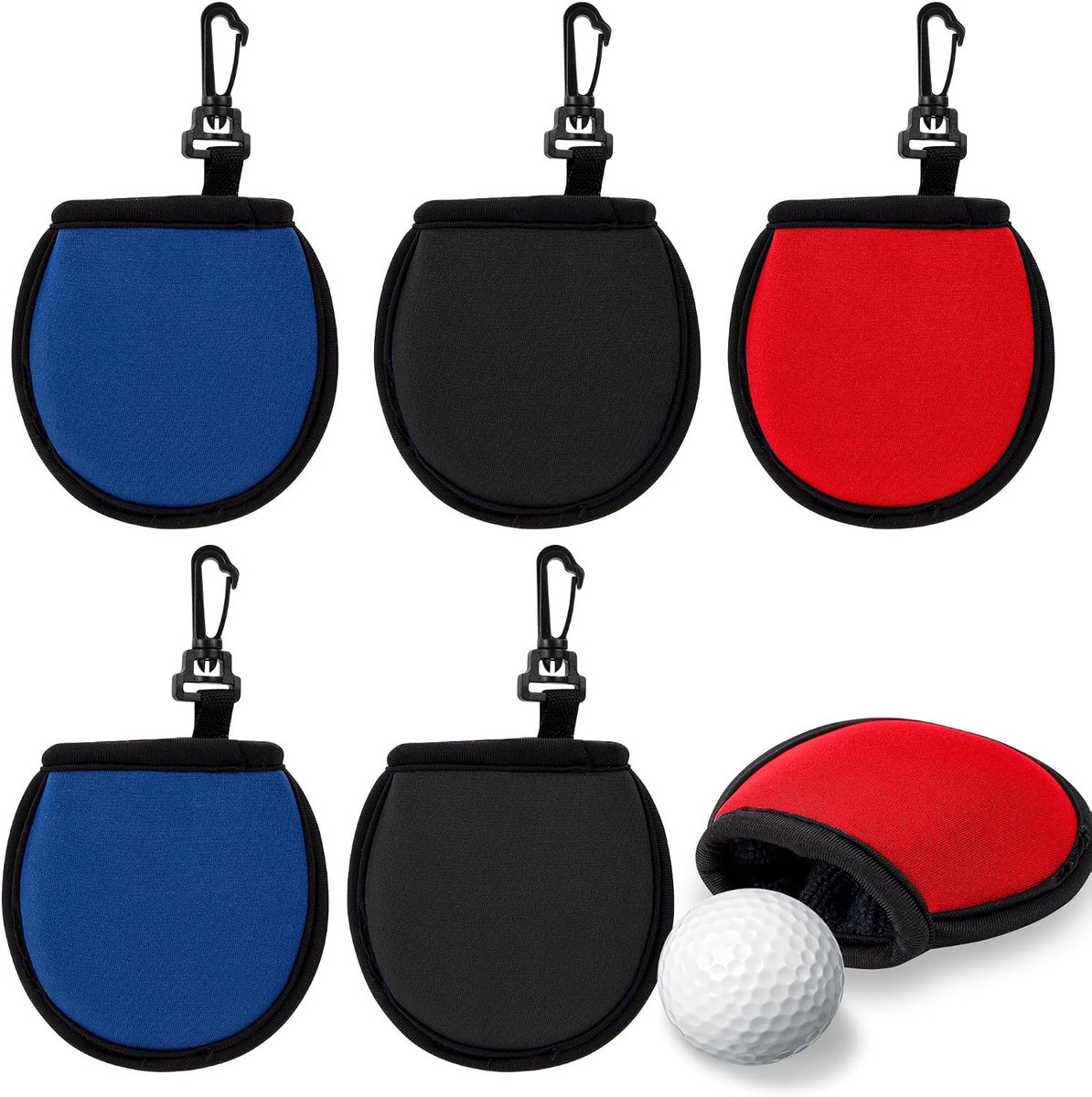 Draagbare Golfbal Reinigingszak met Clip voor Golfkar en Golfbag, Set van 6 in Rood, Blauw en Zwart - Ideaal voor Golfliefhebbers en Onderhoud van Golfballen