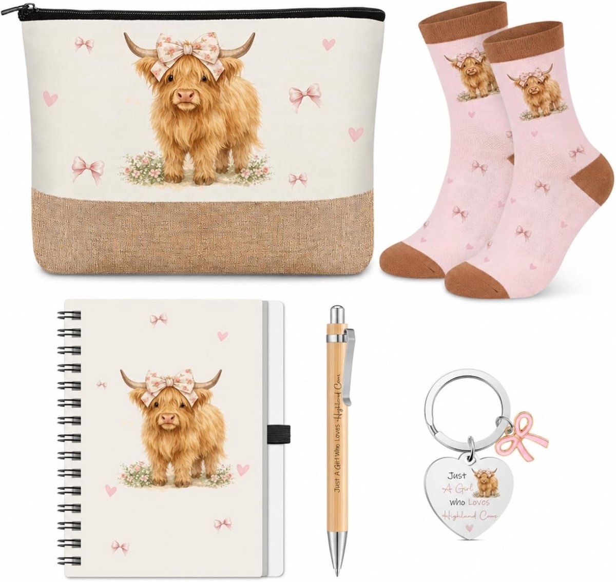 Vijfdelige Schotse Hooglander Cadeauset voor Vrouwen, Inclusief Dieren Sokken, Notitieboek A6, Make-up Tas, Sleutelhanger en Pen voor Verjaardagen en Feestdagen