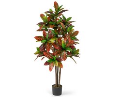 SureDeal® - Kunstplant - Kroton Palmboom - Kleurrijke Bladeren - Natuurlijke Houten Stam - 17x14,5 cm - Groen + Rood + Geel + Bruin
