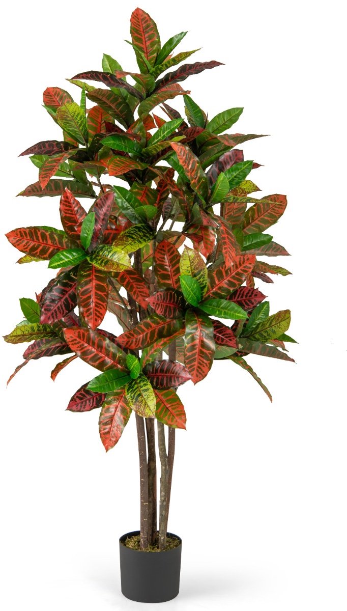 SureDeal® - Kunstplant - Kroton Palmboom - Kleurrijke Bladeren - Natuurlijke Houten Stam - 17x14,5 cm - Groen + Rood + Geel + Bruin
