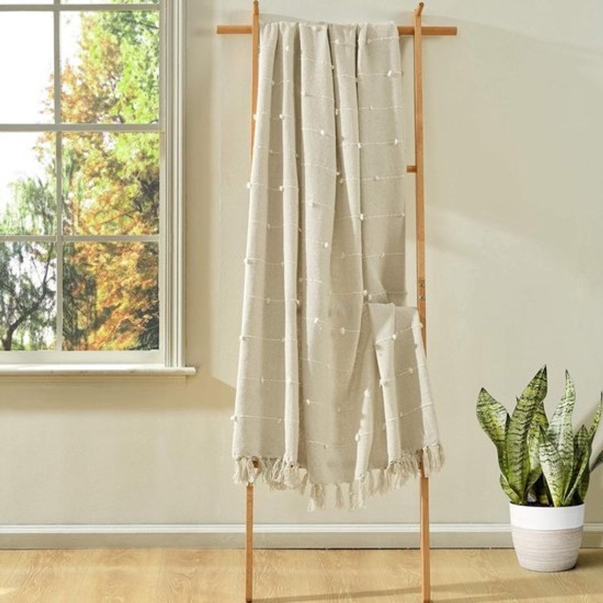 Geweven Plaid - Katoenen Deken Woonplaid - Bank Decoratie - Getuft met Franjes - 60 x 50 inch - Neutrale Kleur