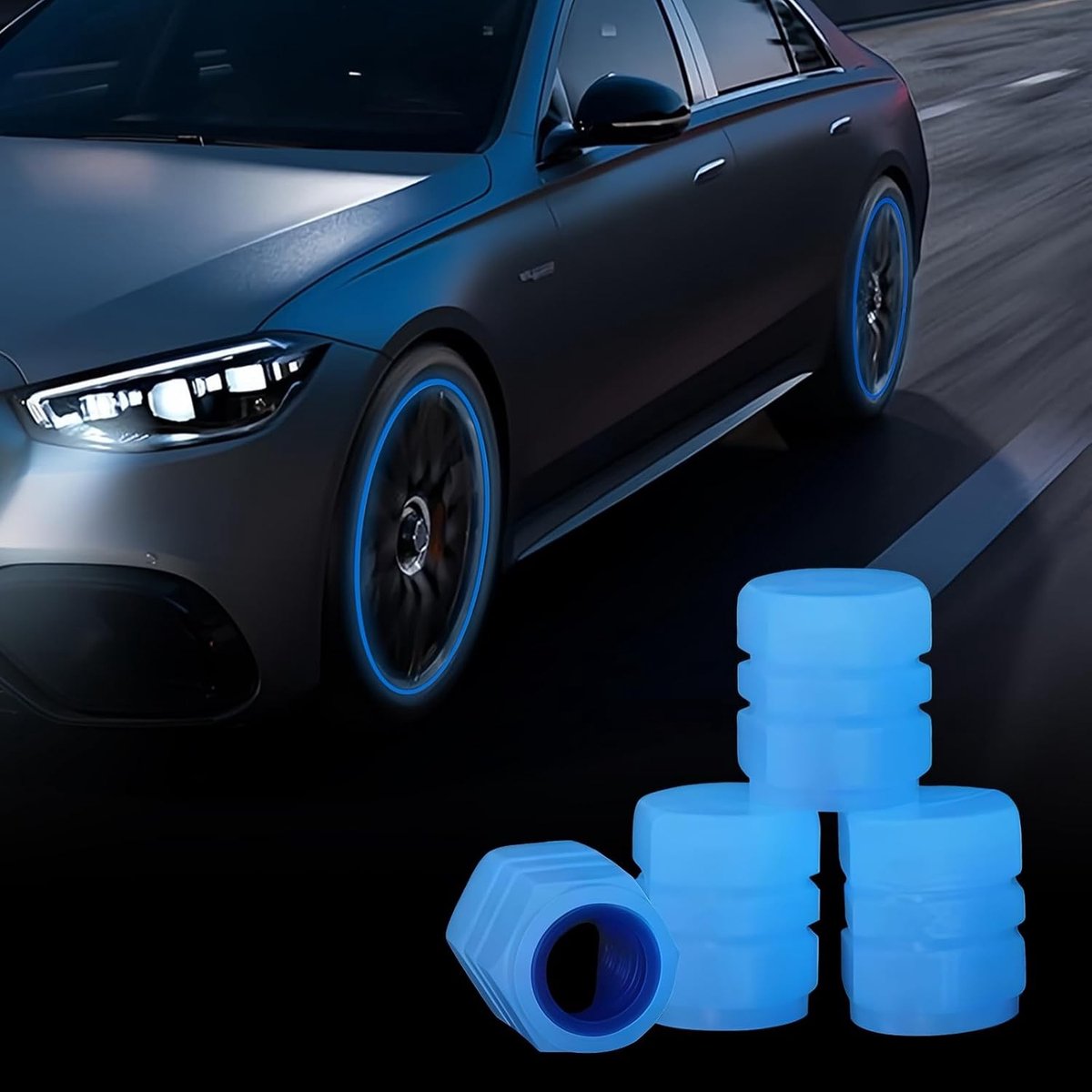 Set van 4 Verlichte Ventieldoppen voor Auto- en Fietstires, Fluorescerende en Luminous Doppen, Universele Ventieldoppen voor Motoren en Fietsen in Blauw