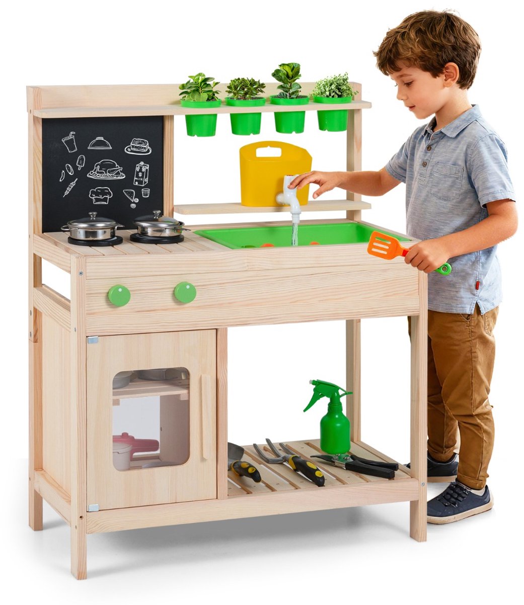 SureDeal® - Rollenspell - Kinderkeuken Modder Imitatiekeuken - Schoolbord Houten Buitenspeelgoed - Kinderen - Tuinen - 73x36x92 cm - Naturel