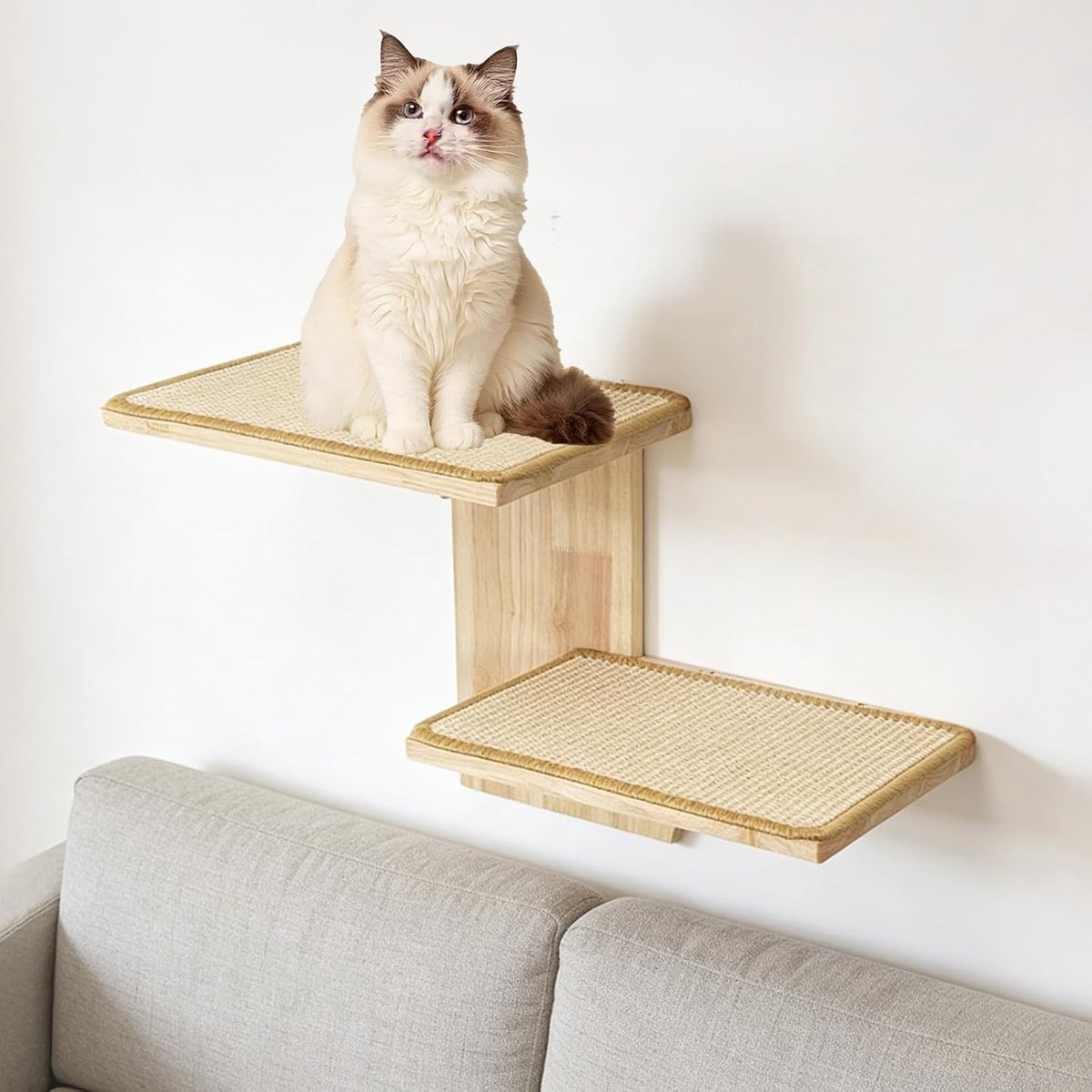 Klimwand voor Katten met 2 Platforms en Sisalmatten - Muurbevestigde Krabpaal en Trap voor Katten