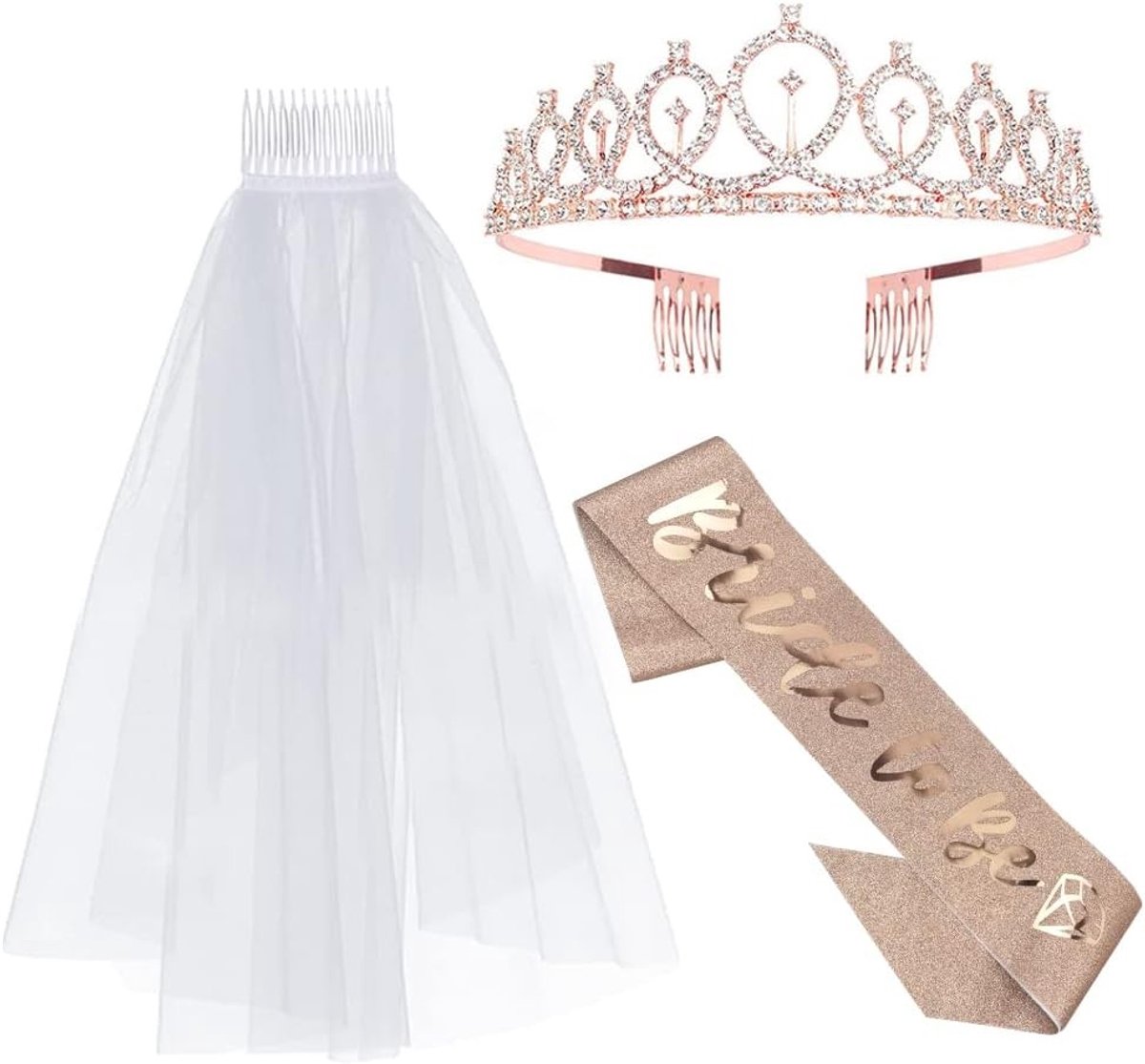 Elegante Sjerp en Sluiertje Set voor de Bruid, 3-delig met Kroon Haarband, Wit Sluiertje en Sjerp voor Vrijgezellenfeest en Bruiloft, Roze Goud en Wit, Perfecte Accessoires voor de Grote Dag