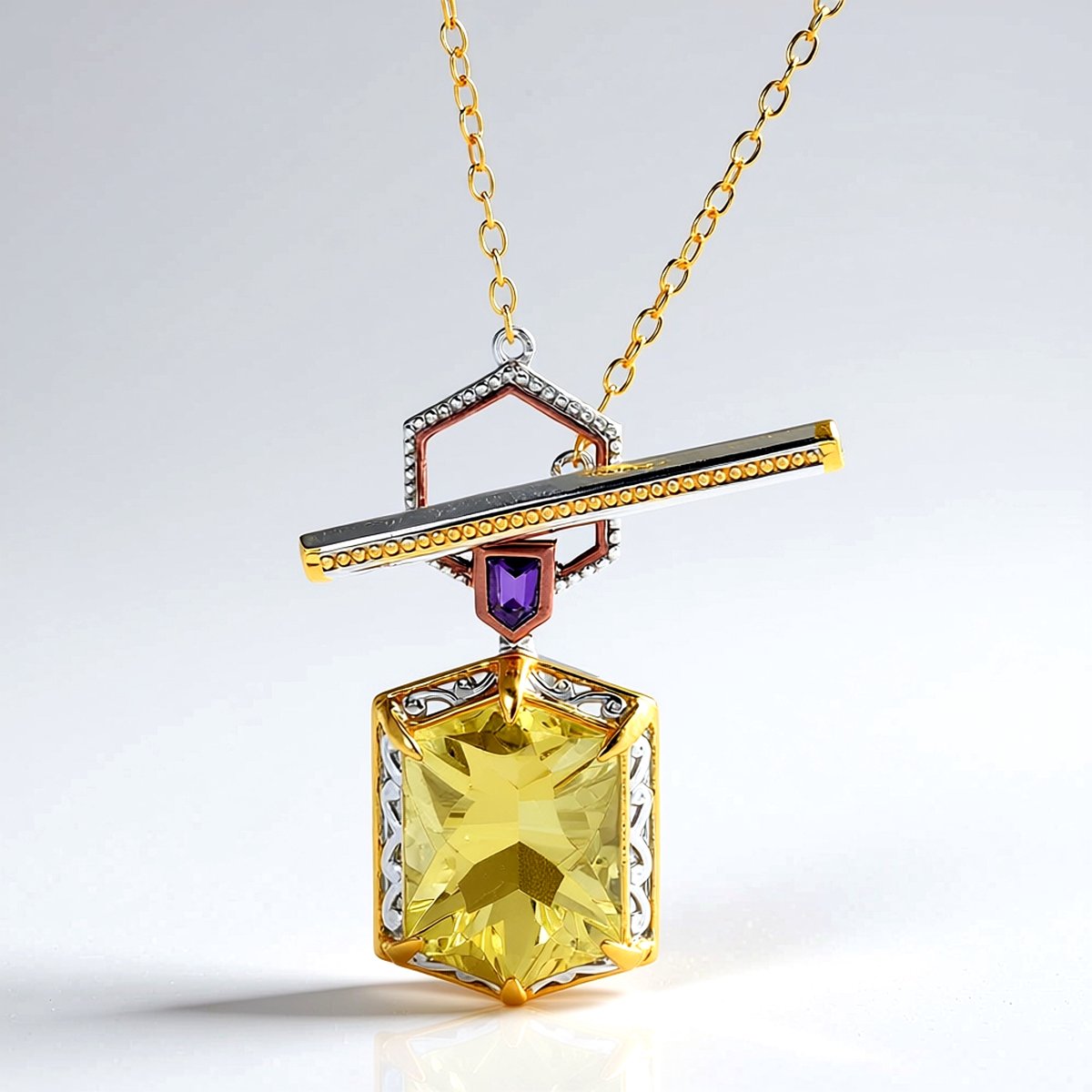 Cavill - Zilveren Halsketting - 925 Sterling Zilver Verguld - 9,495 ct Ouro Verde Kwarts Hexagon - 0,153 ct Fancy Amethist - Luxe Braziliaans