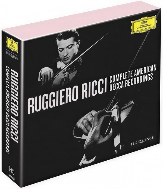 Ruggiero Ricci - Complete American Decca Recordings (9 CD) box set met een afbeelding van Ruggiero Ricci die viool speelt.