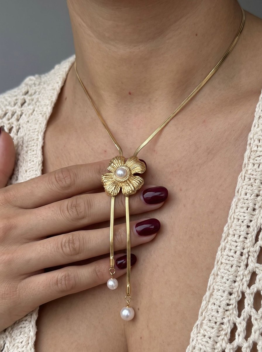 Anelplus Dames Ketting met Bloem & Parels – Goudkleurig – Elegante Lange Halsketting – Statement Sieraad