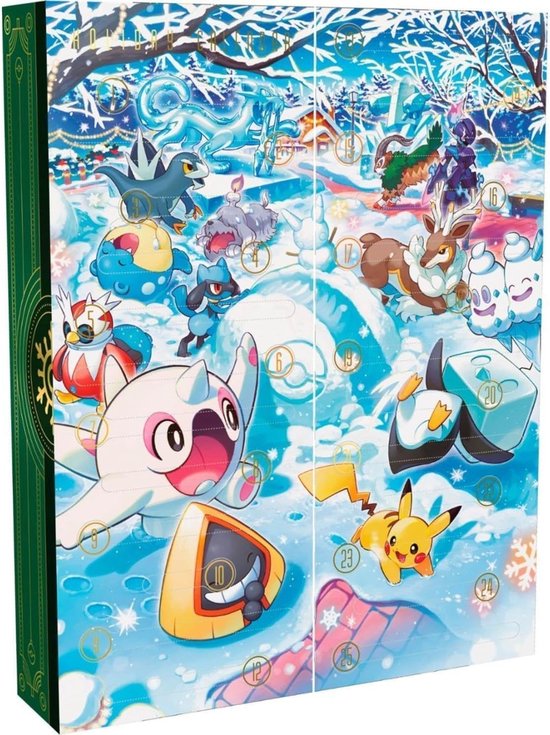 Kerstdoos met Pokémon-personages en genummerde vakjes, in een winterse scène met gouden patronen.