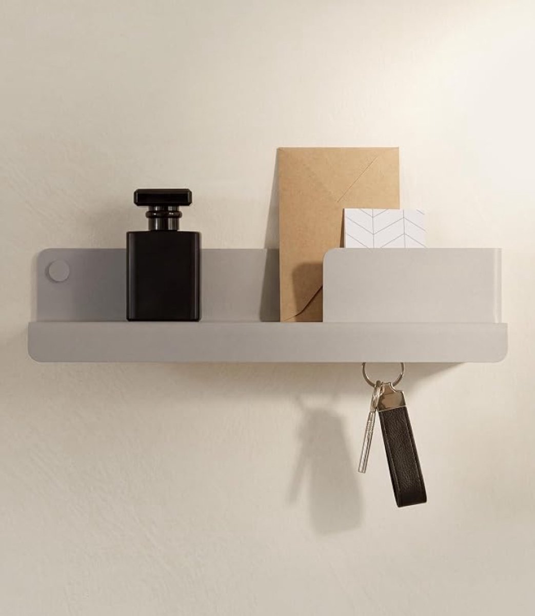 Sleutelrekje Holmsen - Minimalistisch wandmeubel met opbergvak en haak, metaal, Zijdegrijs- Designed in Berlin