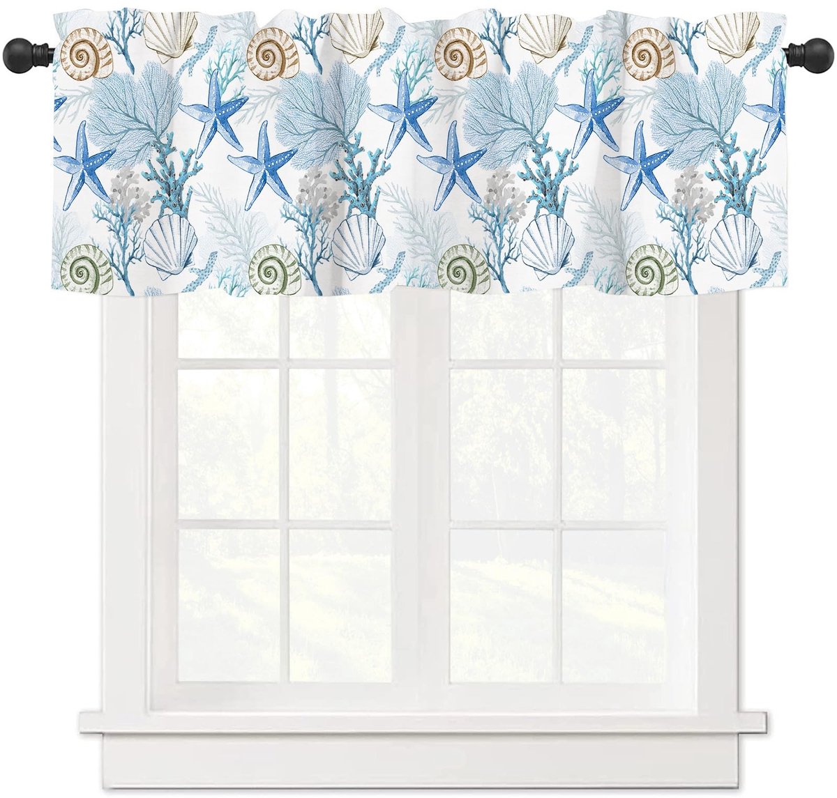 Keuken Gordijnen met Koraal Sterren patroon - Blauw Wit 137x45cm