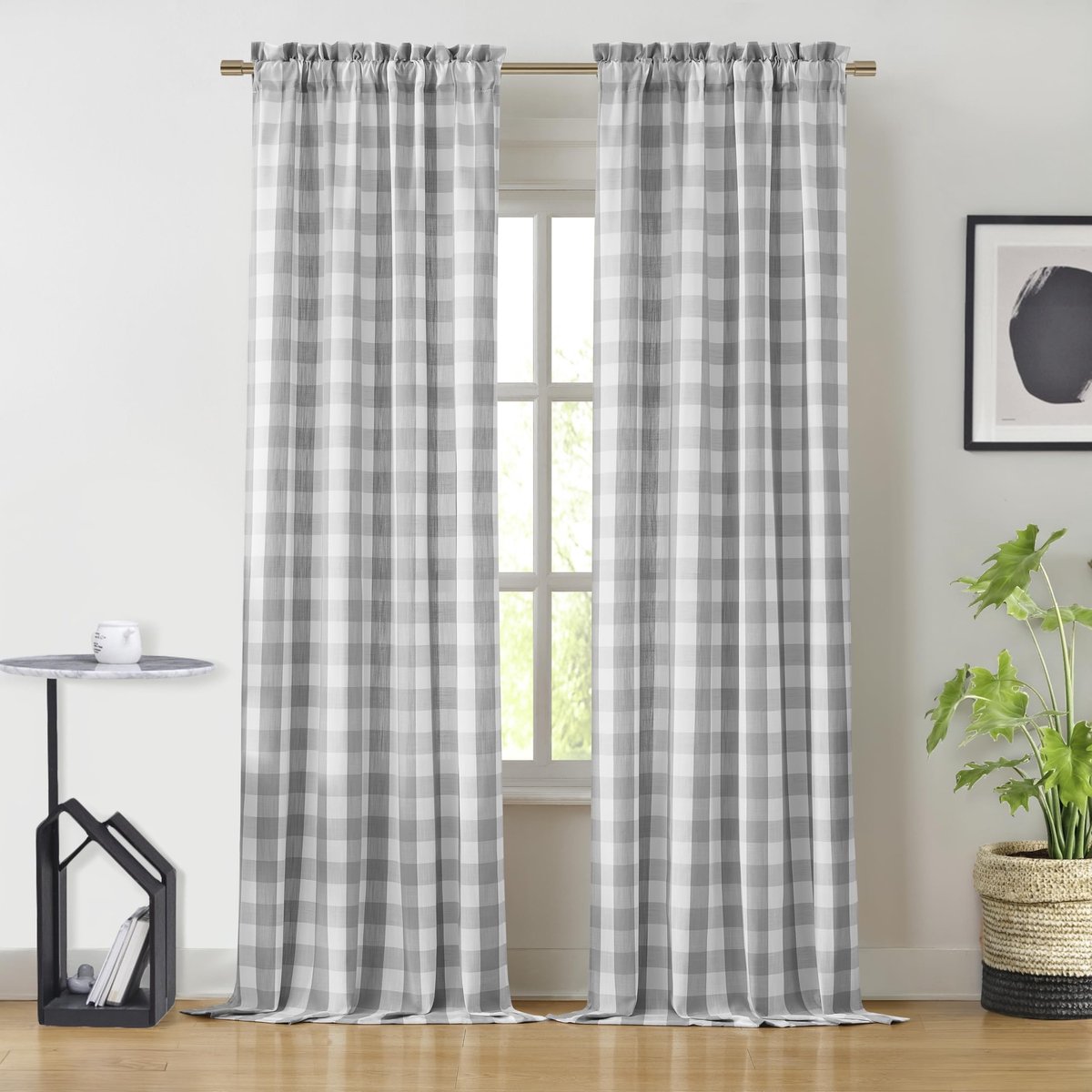 Gordijnpanelen - Semi-transparent grijs/wit ruitpatroon - 2 stuks 40x84 inch