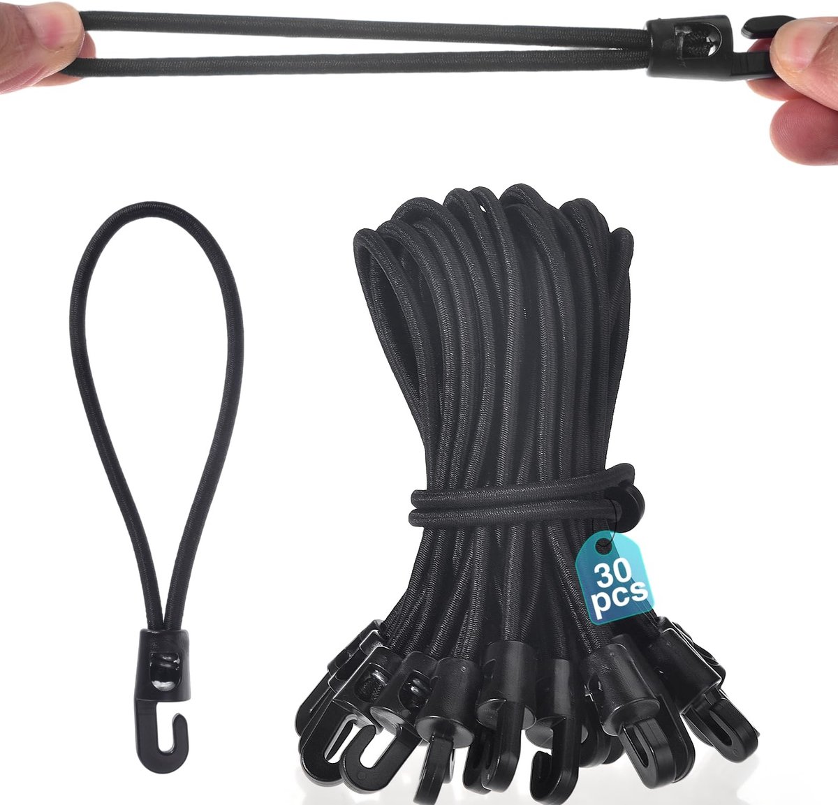 Set van 30 Korte Elastische Tensioners met Haken - Zwart - 15 cm