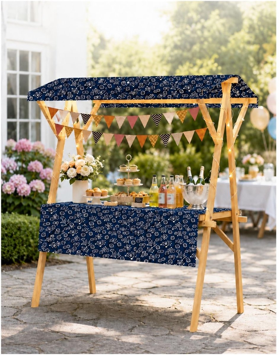Houten Marktkraam met Bloemenprint - Opvouwbaar met Wielen