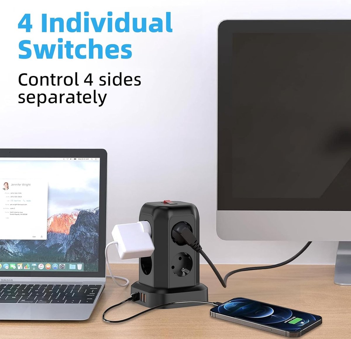 Stekkerdoos met Schakelaar - Wit - 8-voudige Stekker met 3 USB en 1 USB-C - Overspanningsbeveiliging - Voor Thuis en Kantoor