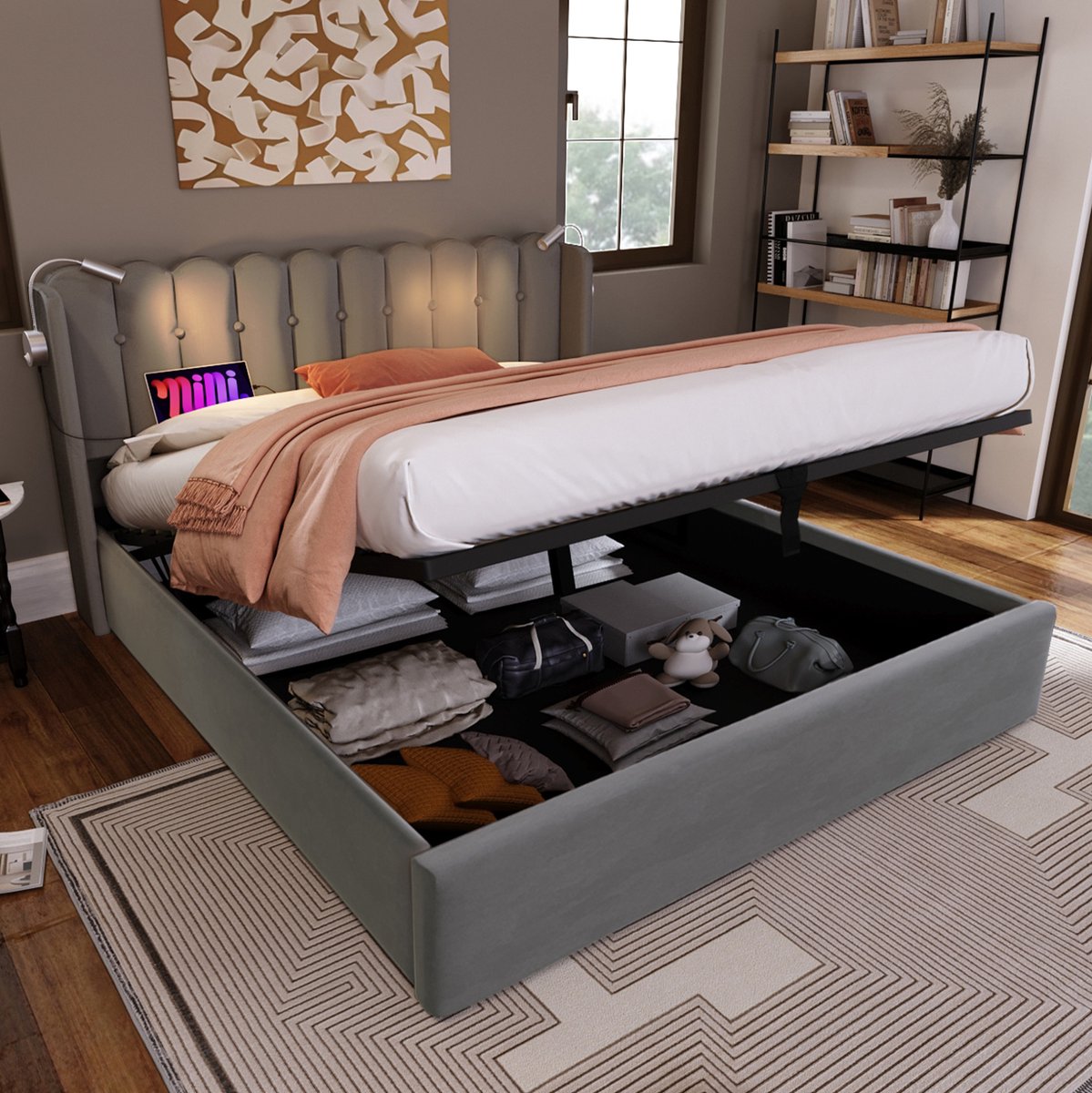 MEUNIQ tweepersoons bed 160x200 met opbergruimte, leeslamp en USB, gestoffeerd bedframe me