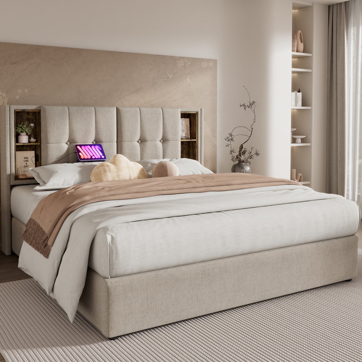 MEUNIQ tweepersoons bedframe 180x200 cm met draadloos opladen, USB en Type-C, opbergruimte onder lattenbodem, open vakken in hoofdbord, slaapkamer, naturel