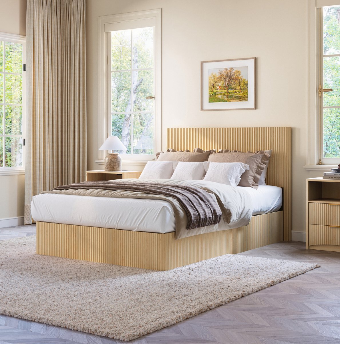 MEUNIQ bed 140 x 200 cm met hydraulisch lift-systeem, opbergruimte onder bed, lattenbodem, afgeronde hoeken en geribbeld hoofdbord voor slaapkamer, eiken Licht eiken
