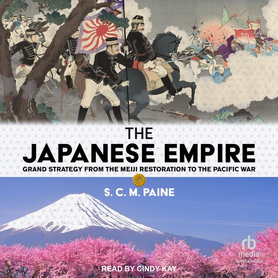 De omslag van 'The Japanese Empire', met een veldslag in de verte, samurai te paard en de berg Fuji met kersenbloesems.