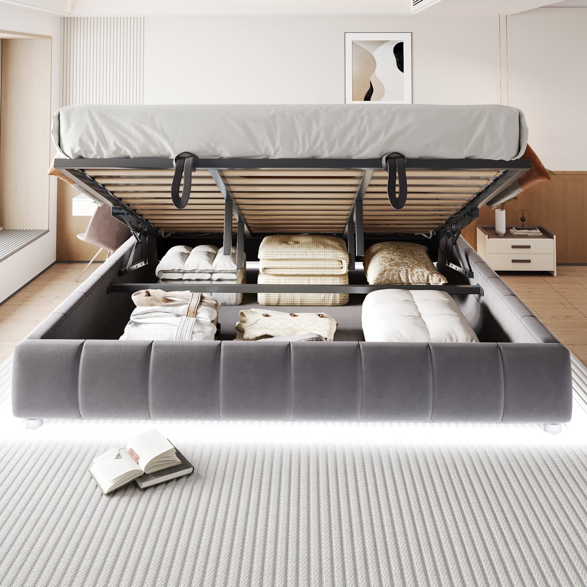 MEUNIQ gestoffeerd opbergbed 180x200 cm met hydraulische bedbodem, LED-verlichting, zonder hoofdbord, bedframe voor slaapkamer, grijs