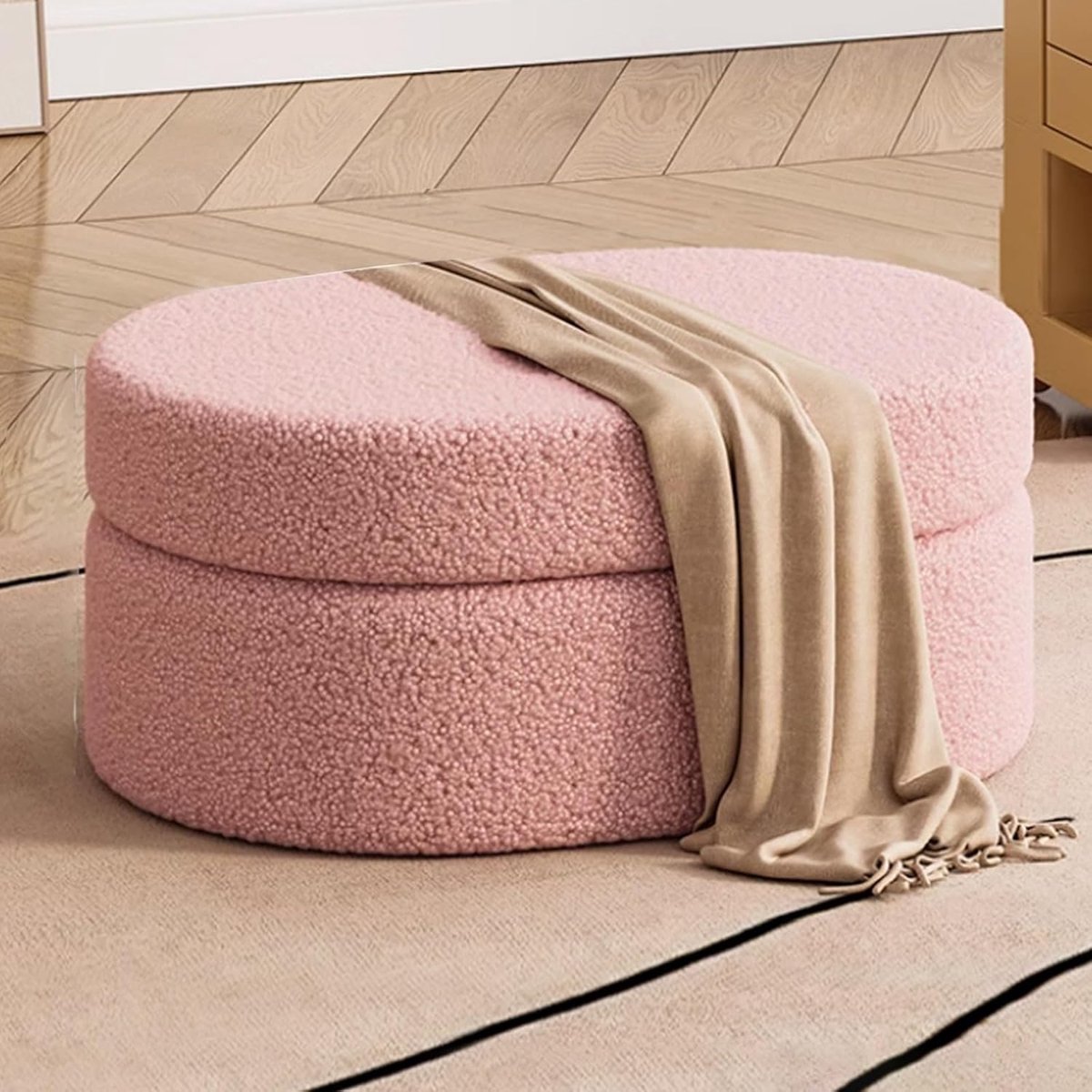 Opbergbank Ottomaans - Voetenbank Slaapkamer - Ruimte Organiseren - Gestoffeerd Teddy Materiaal - 18x18x18 cm - Roze