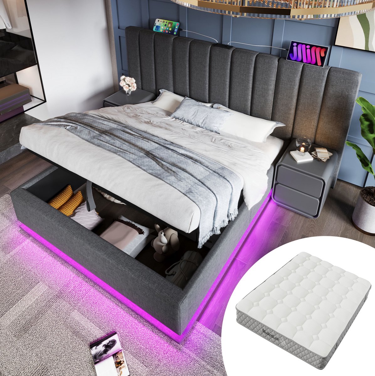 MEUNIQ tweepersoons bed 180x200 met matras, opbergruimte, LED met app-bediening, 3 USB en USB-C, lattenbodem, stoffen bedframe voor slaapkamer, grijs