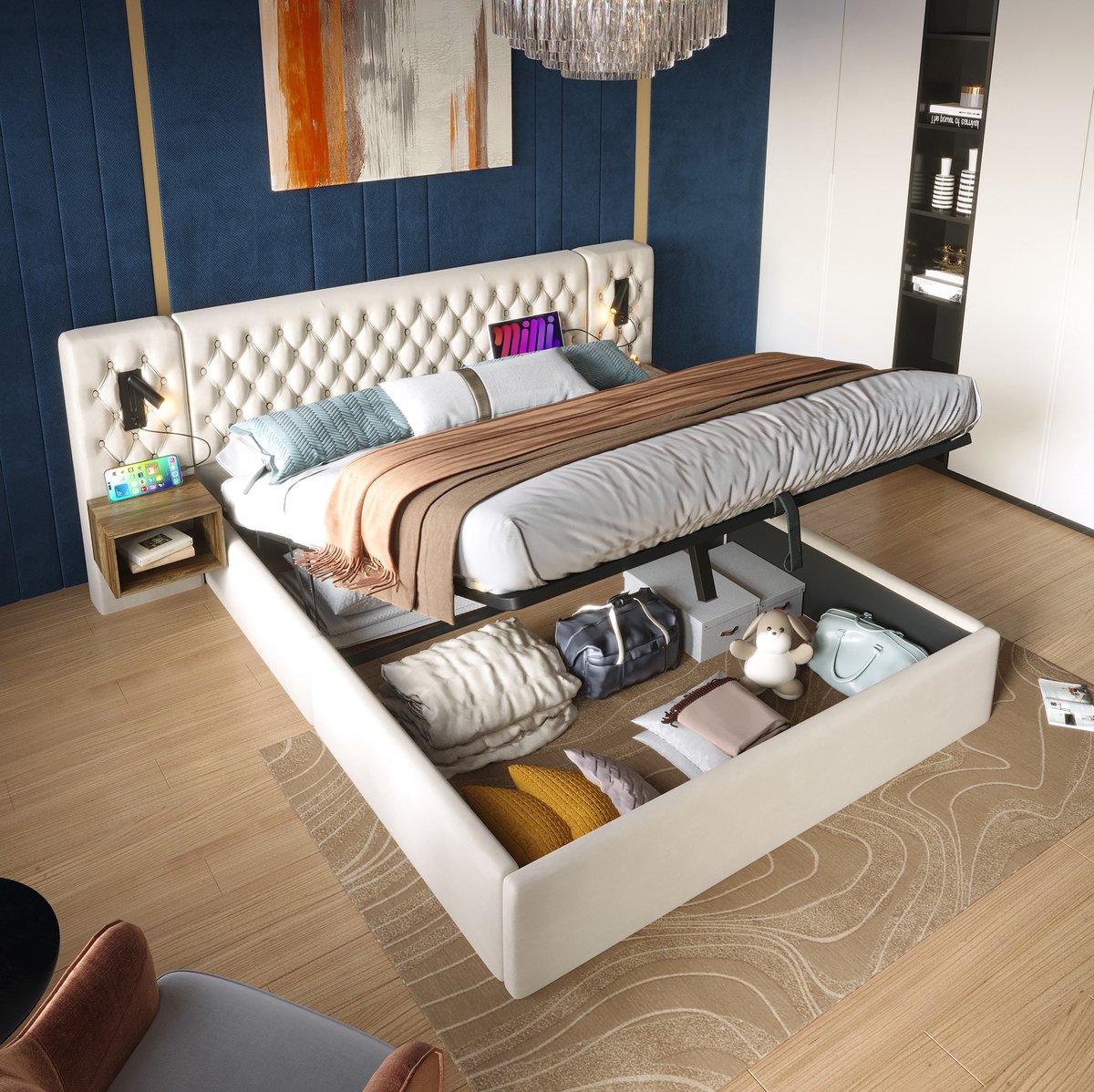 MEUNIQ complete slaapkamer bedset 180 x 200 cm met hydraulische opbergruimte, 2 nachtkastj
