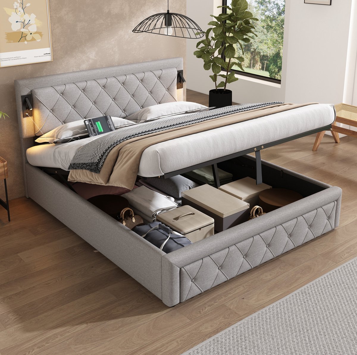 MEUNIQ gestoffeerd opbergbed 160 x 200 cm met lattenbodem, hydraulische opbergruimte, hoof