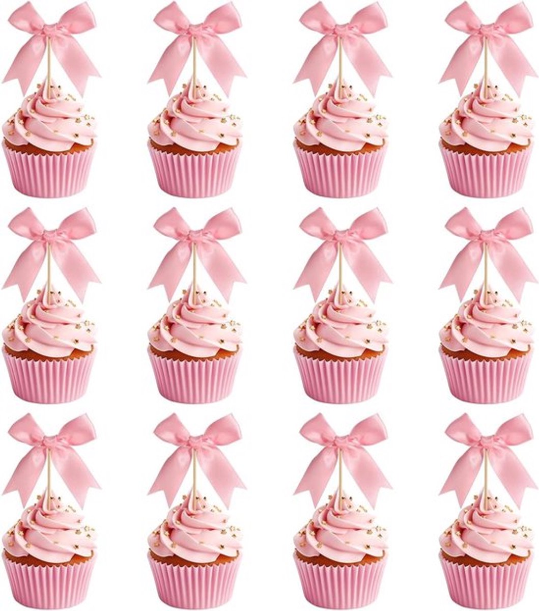 Allecto Plus - Cupcaketoppers Roze Strik 12 stuks voor Verjaardagsdecoraties