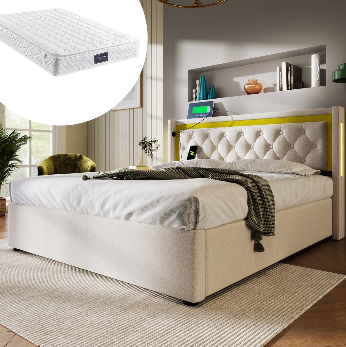 MEUNIQ gestoffeerd bed 140 x 200 cm met LED, USB-C en opbergruimte, bedframe met hoofdbord voor slaapkamer, beige