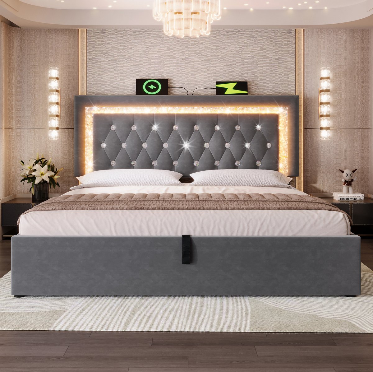 MEUNIQ gestoffeerd tweepersoonsbed 140x200 cm met matras, LED-hoofdbord, USB en Type-C, hydraulische opbergruimte, lattenbodem, grijs
