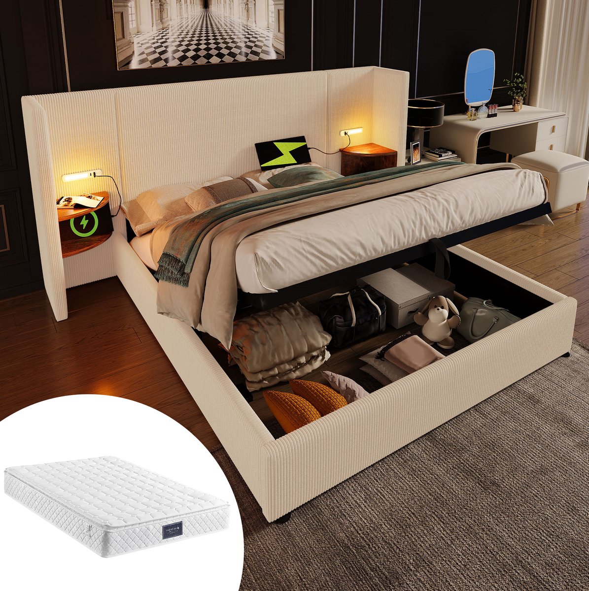 MEUNIQ tweepersoons opbergbed 160x200 met hoofdbord, leeslamp, USB en Type-C, lattenbodem,