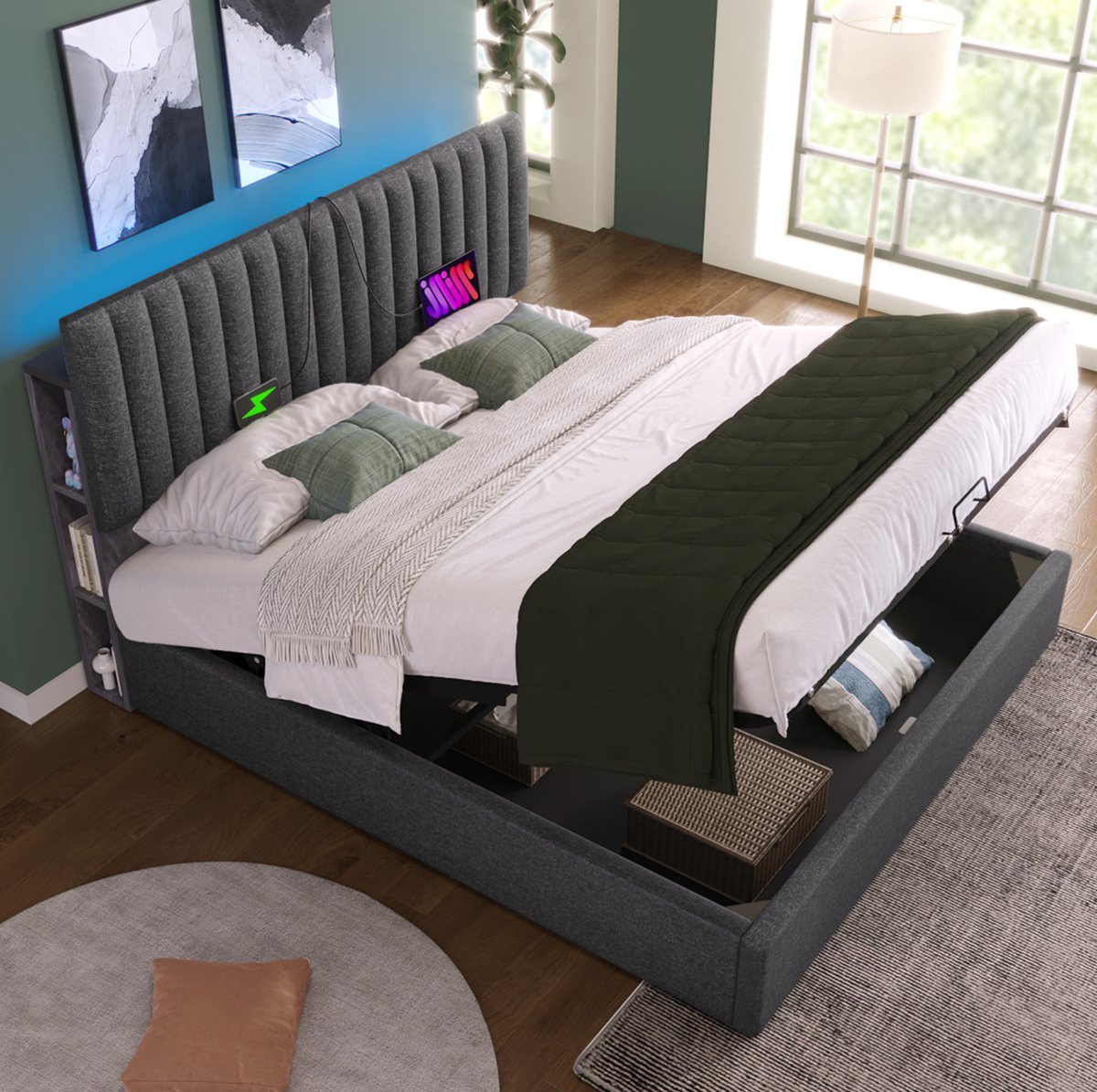 MEUNIQ gestoffeerd tweepersoons bed 160x200 cm met opbergruimte, LED hoofdbord met app-bediening, USB en Type-C, lattenbodem, grijs slaapkamerbed