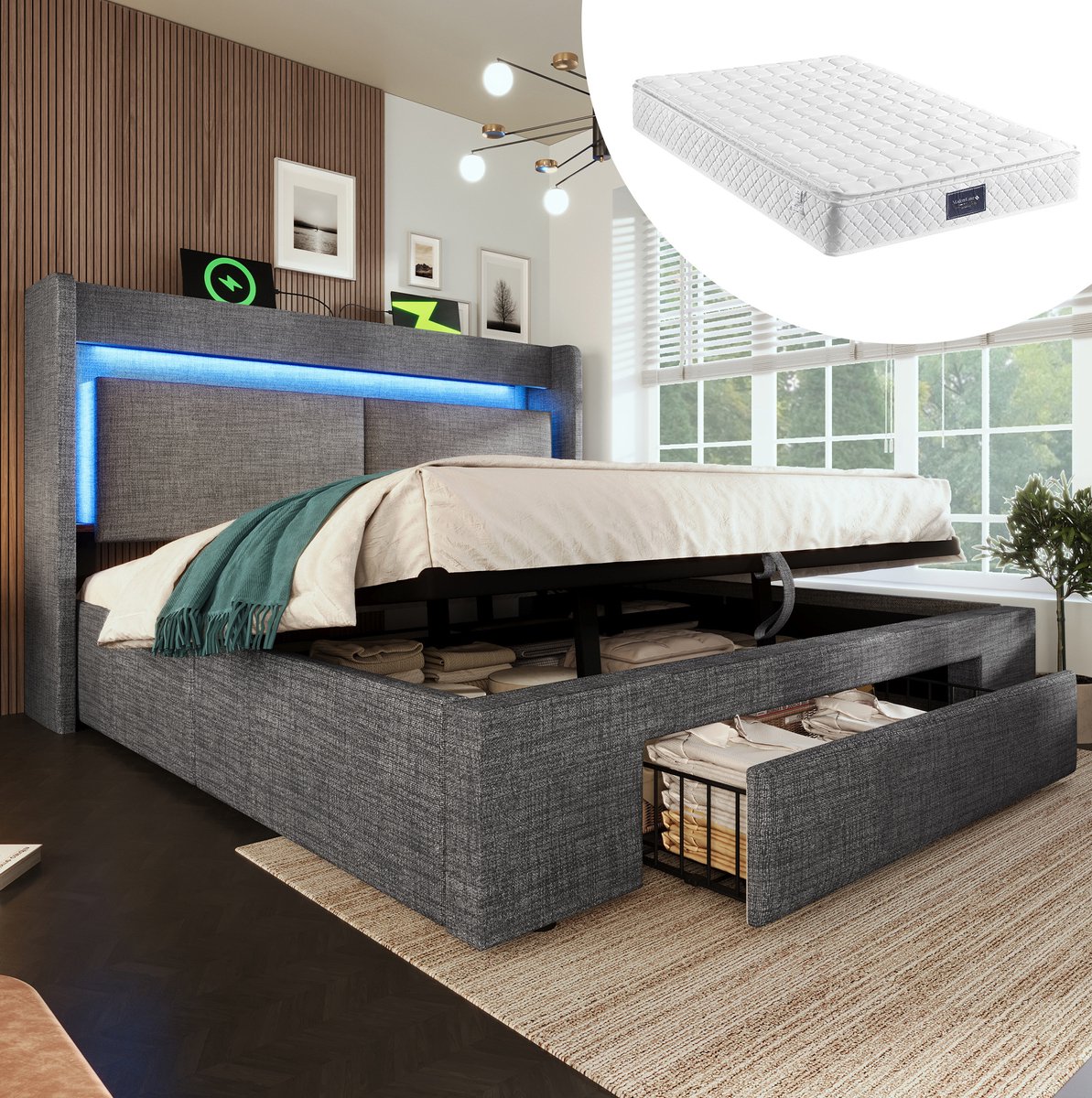 MEUNIQ gestoffeerd bed 140x200 cm met matras, hydraulische opbergruimte, opbergend hoofdbord met LED, USB en USB-C, lattenbodem, grijs