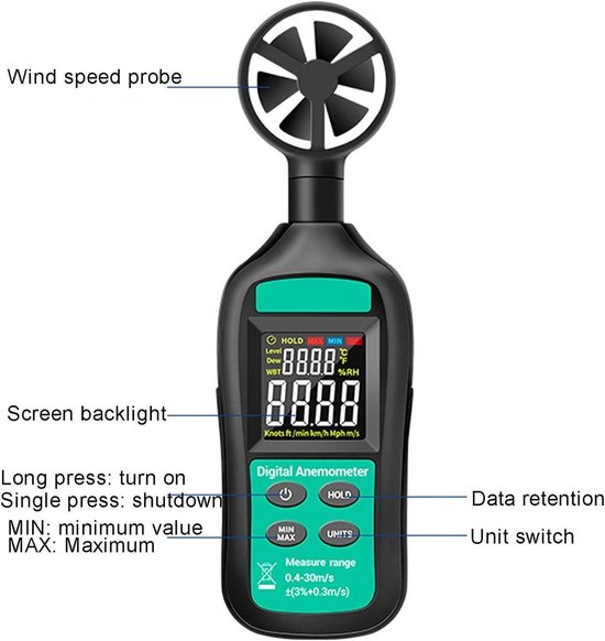 Handzame Anemometer - Windmeter Luchtstroommeter - Windsnelheid Meten - Hoge Precisie 3-in-1 - 0.4-30m/s - Grijs — afbeelding 5